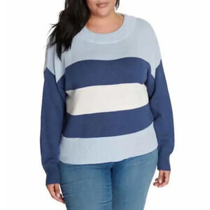 Lucky Brand Colorblock Striped Blue Multi White Sweater Oversized Coastal XXL